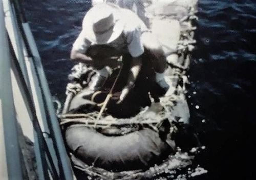 The actual raft being rescued from the ocean — archival photograph